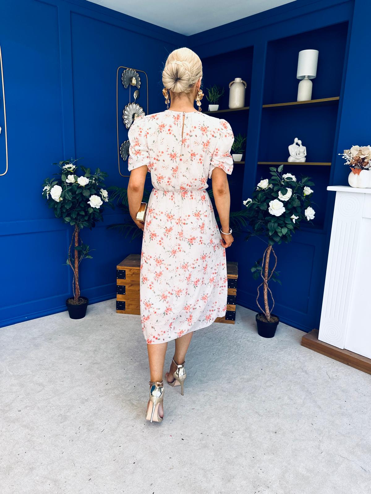 Imogen Gathered Detail Midi Dress Floral Cream