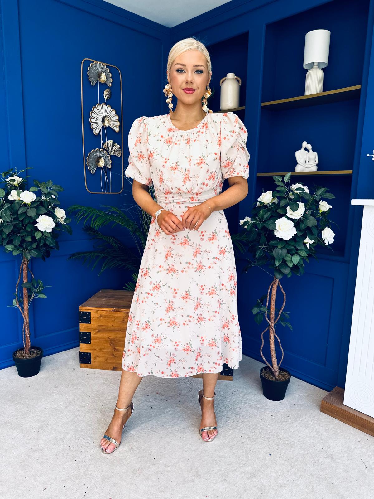 Imogen Gathered Detail Midi Dress Floral Cream
