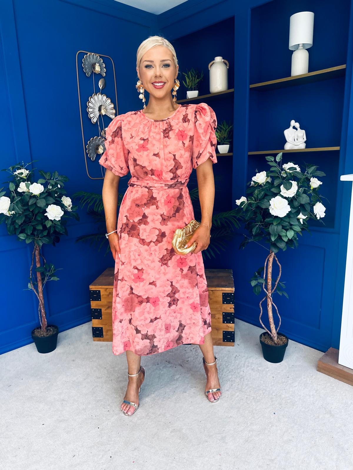 Imogen Gathered Detail Midi Dress Floral Peach