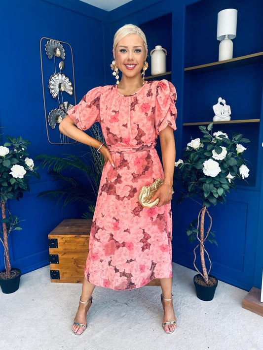 Imogen Gathered Detail Midi Dress Floral Peach