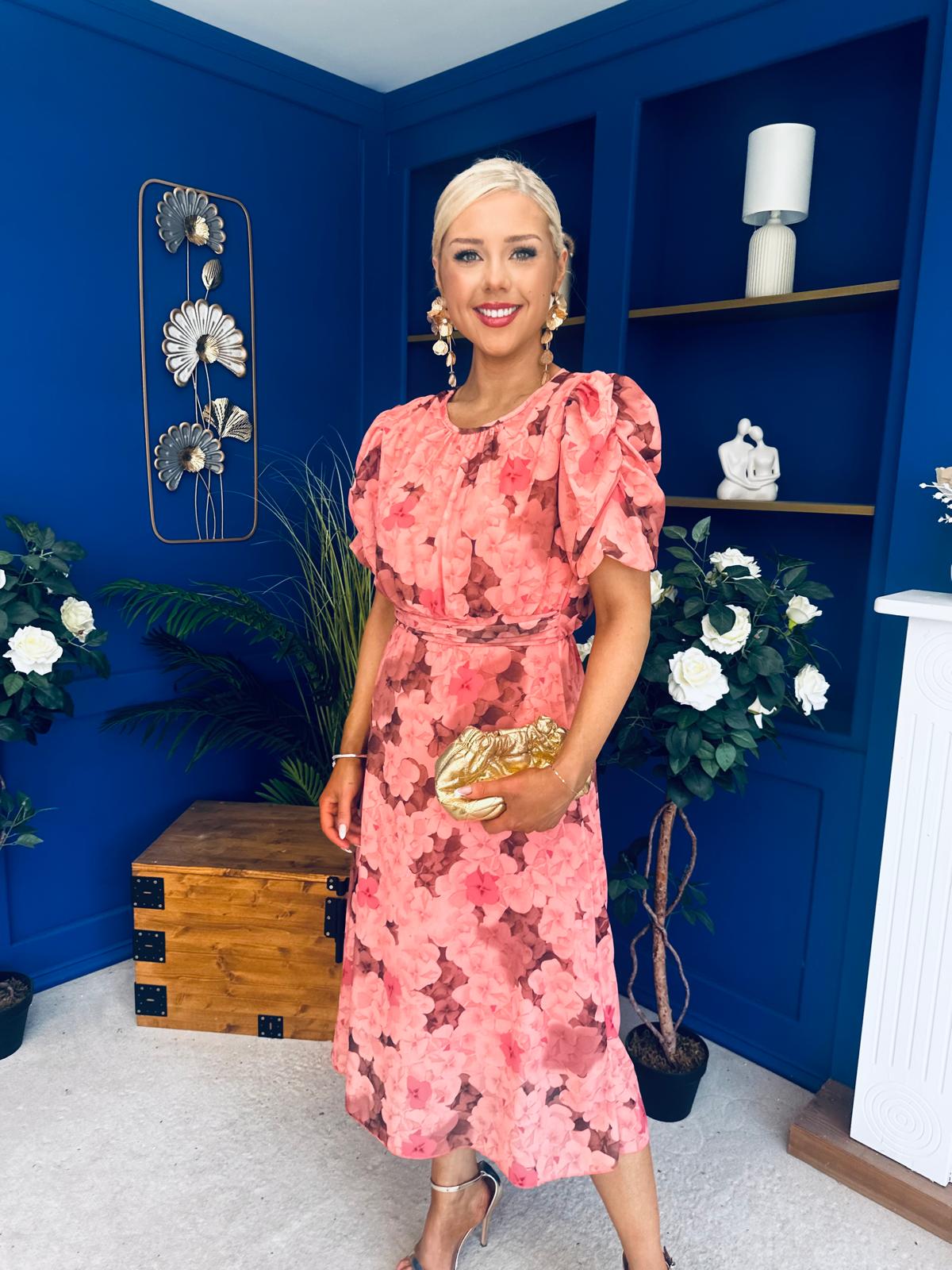 Imogen Gathered Detail Midi Dress Floral Peach