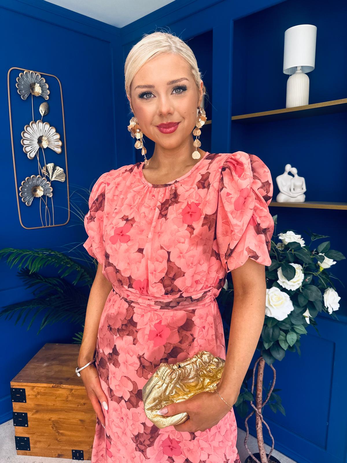 Imogen Gathered Detail Midi Dress Floral Peach