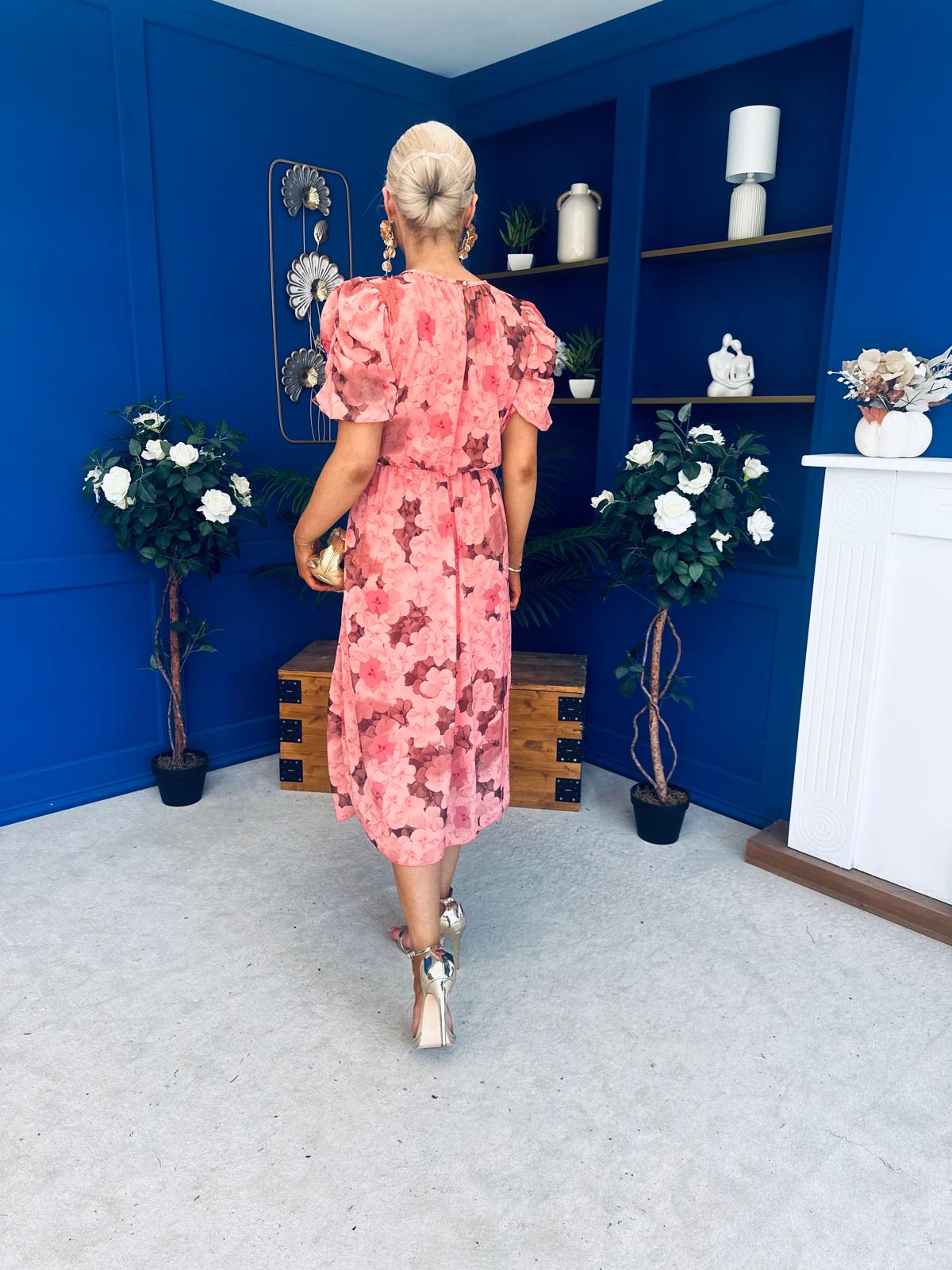 Imogen Gathered Detail Midi Dress Floral Peach – Canella Lane