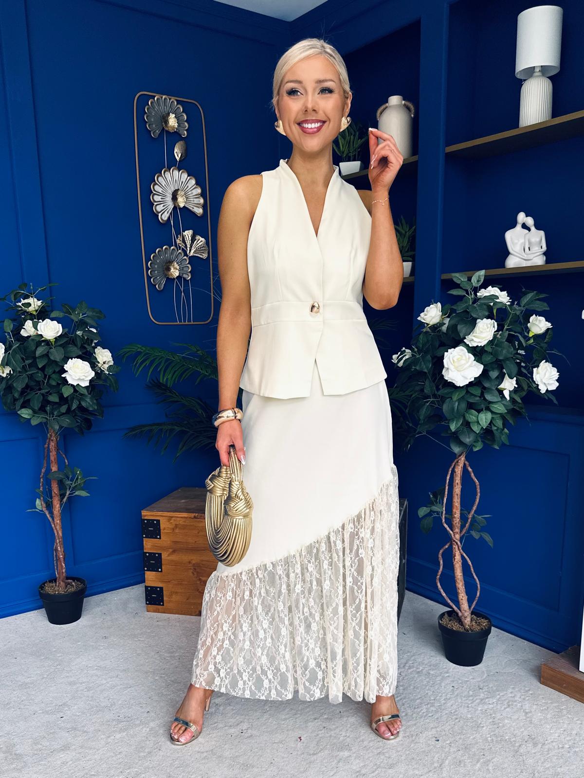 Norma Lace Detailed Waistcoat & Skirt Set Yellow