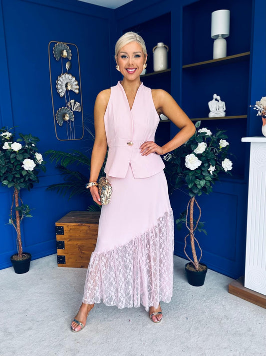 Norma Lace Detailed Waistcoat & Skirt Set Pink