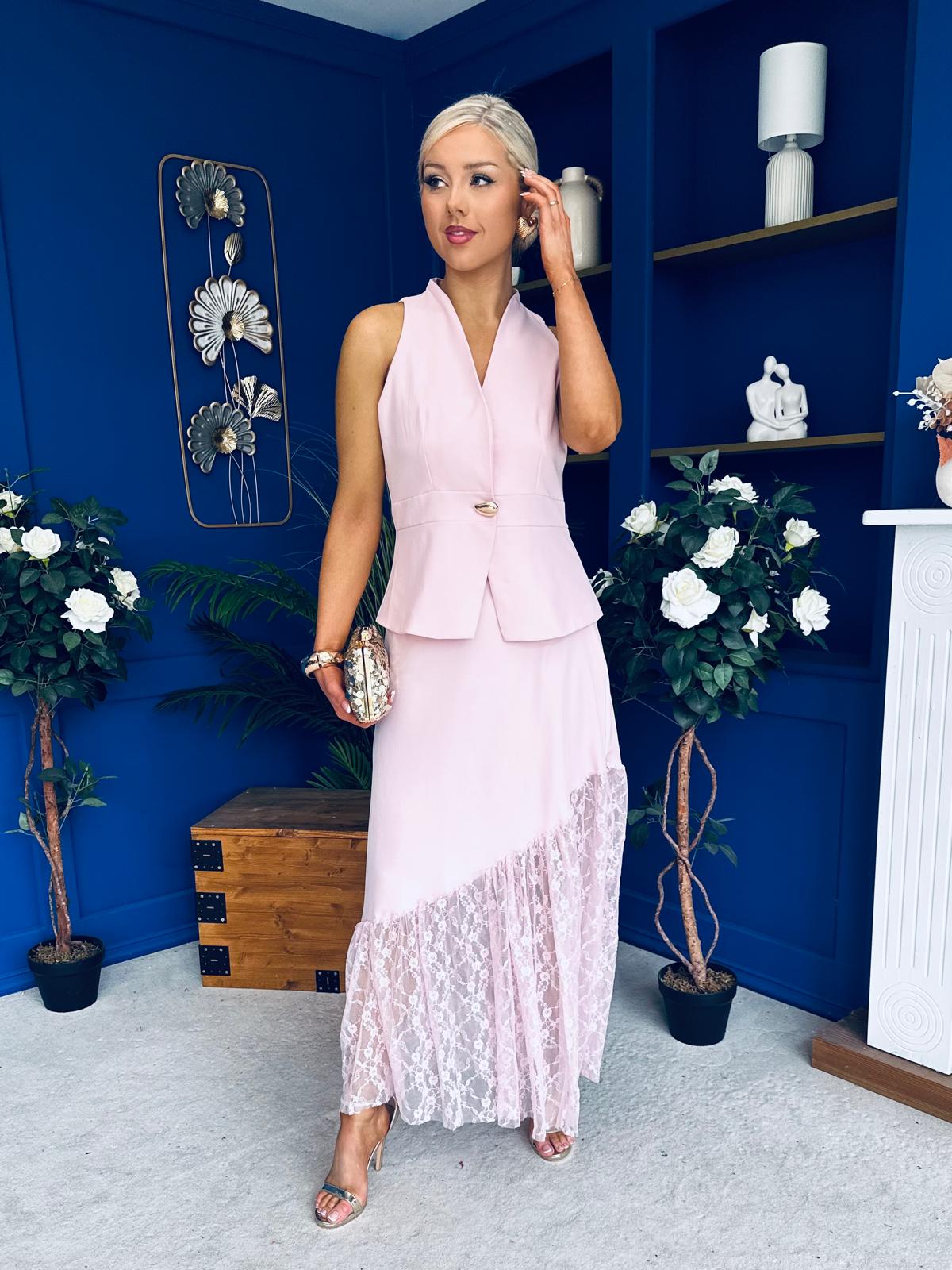 Norma Lace Detailed Waistcoat & Skirt Set Pink
