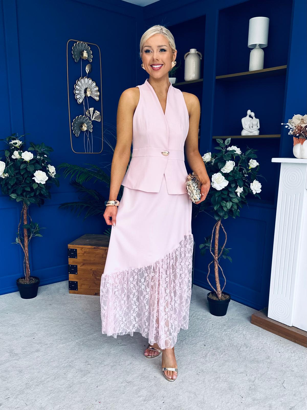 Norma Lace Detailed Waistcoat & Skirt Set Pink