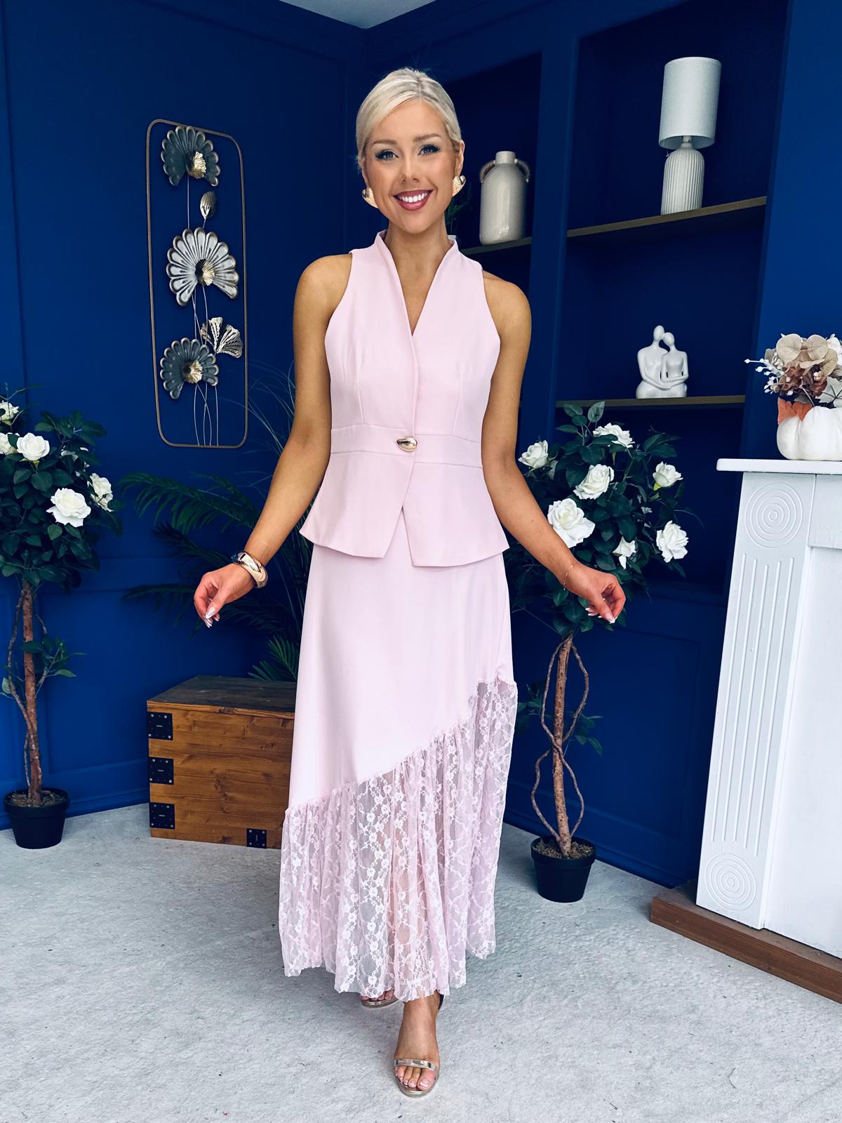 Norma Lace Detailed Waistcoat & Skirt Set Pink