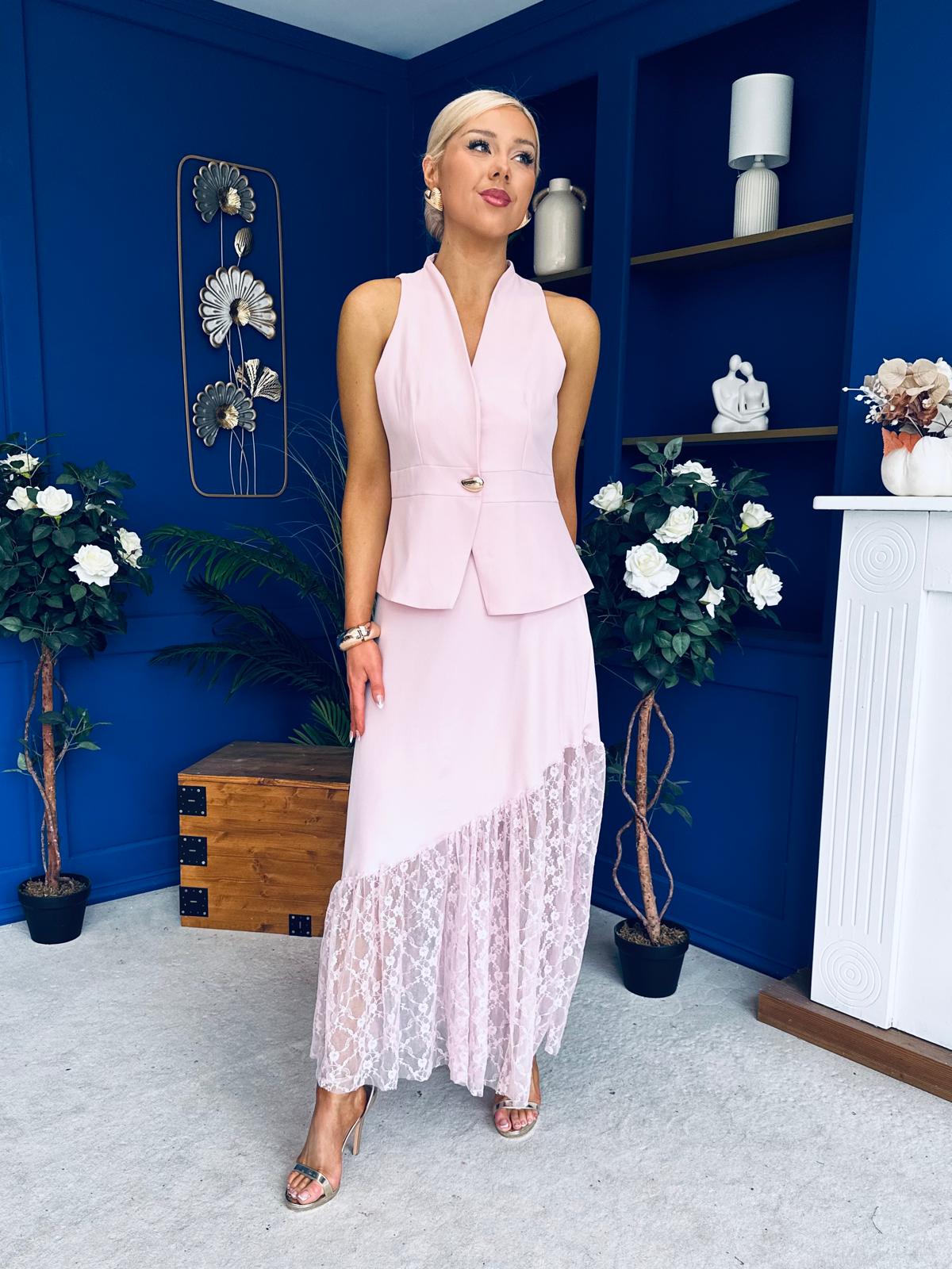Norma Lace Detailed Waistcoat & Skirt Set Pink
