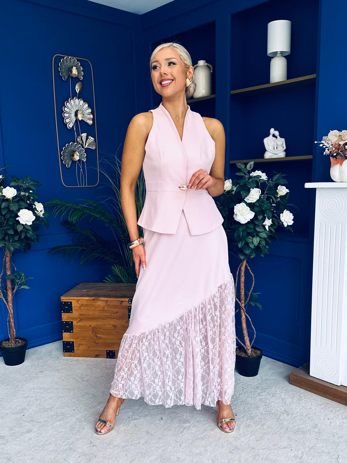 Norma Lace Detailed Waistcoat & Skirt Set Pink