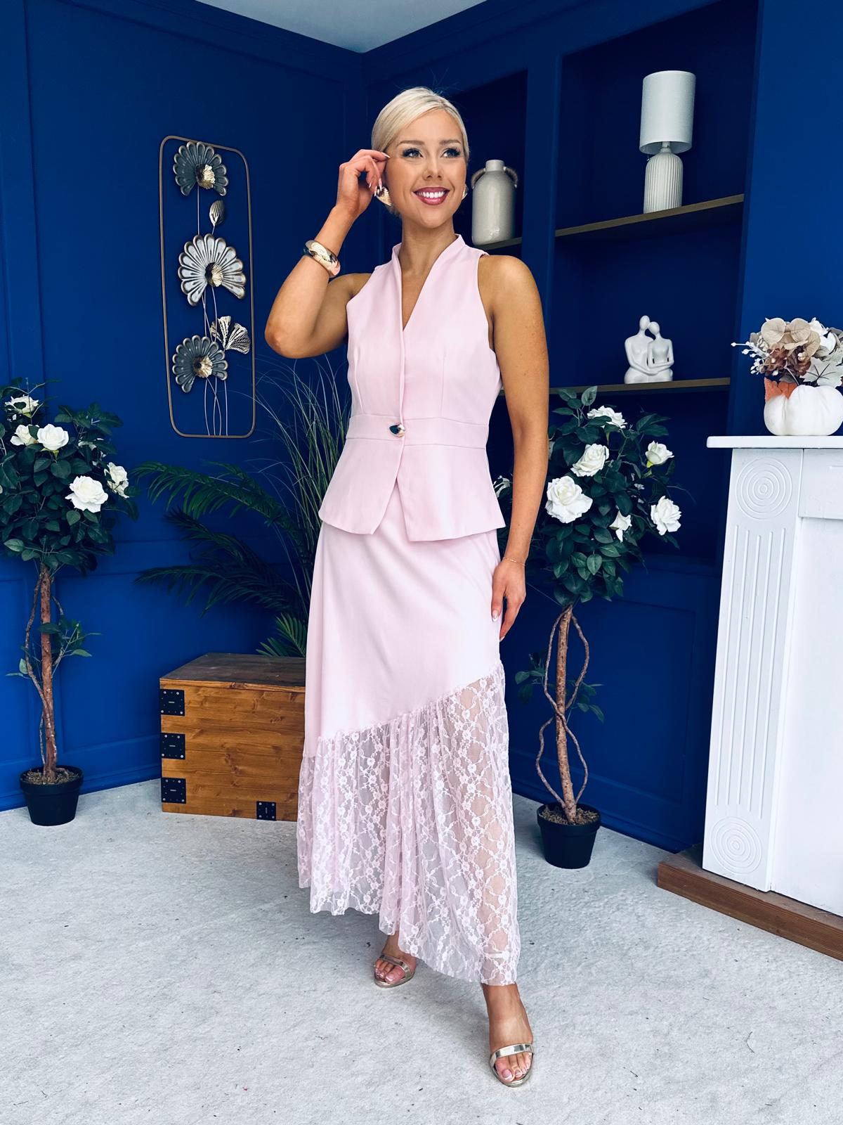 Norma Lace Detailed Waistcoat & Skirt Set Pink