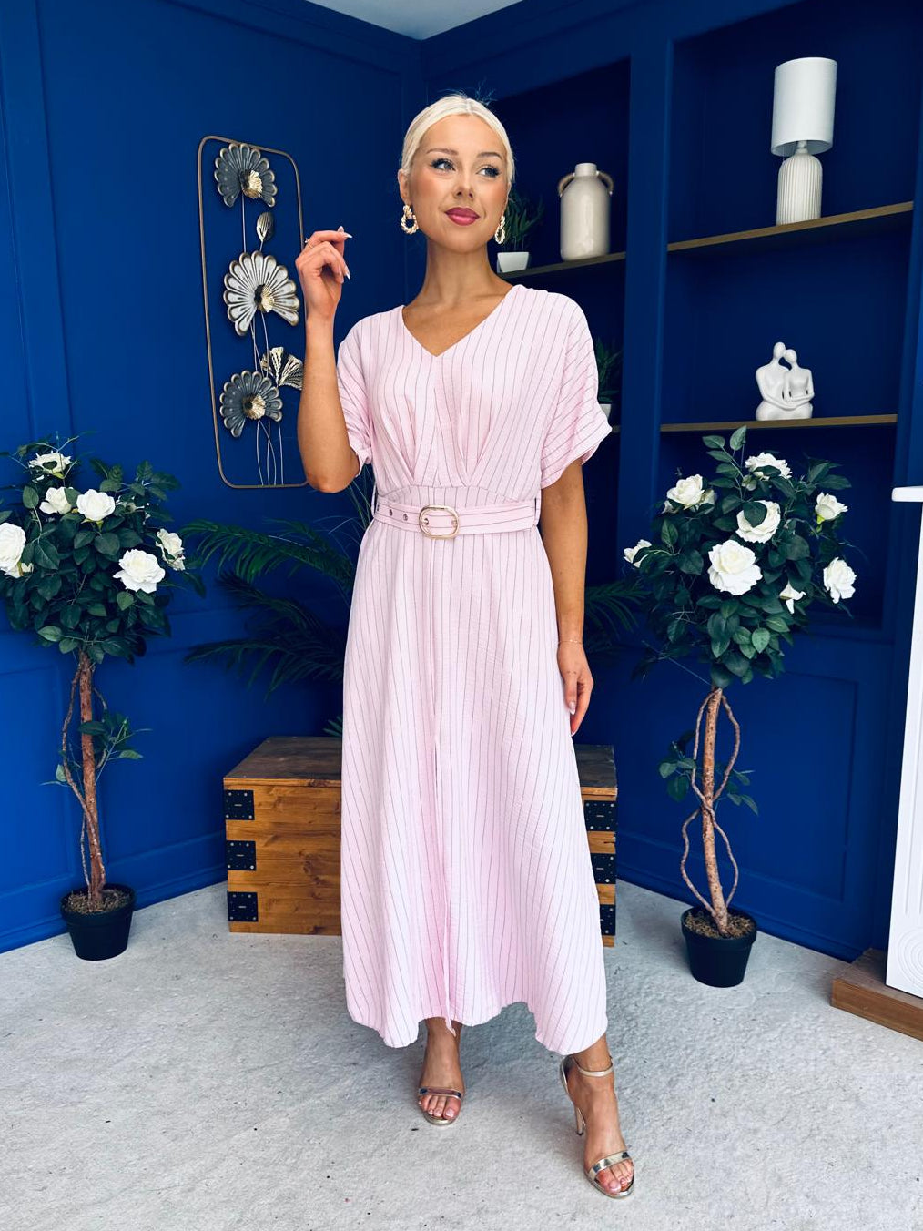 Nancy Belted Pinstripe Midi Dress Pink