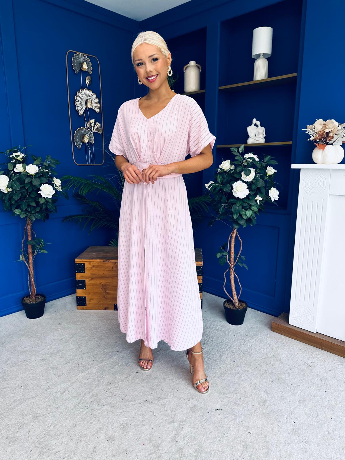 Nancy Belted Pinstripe Midi Dress Pink