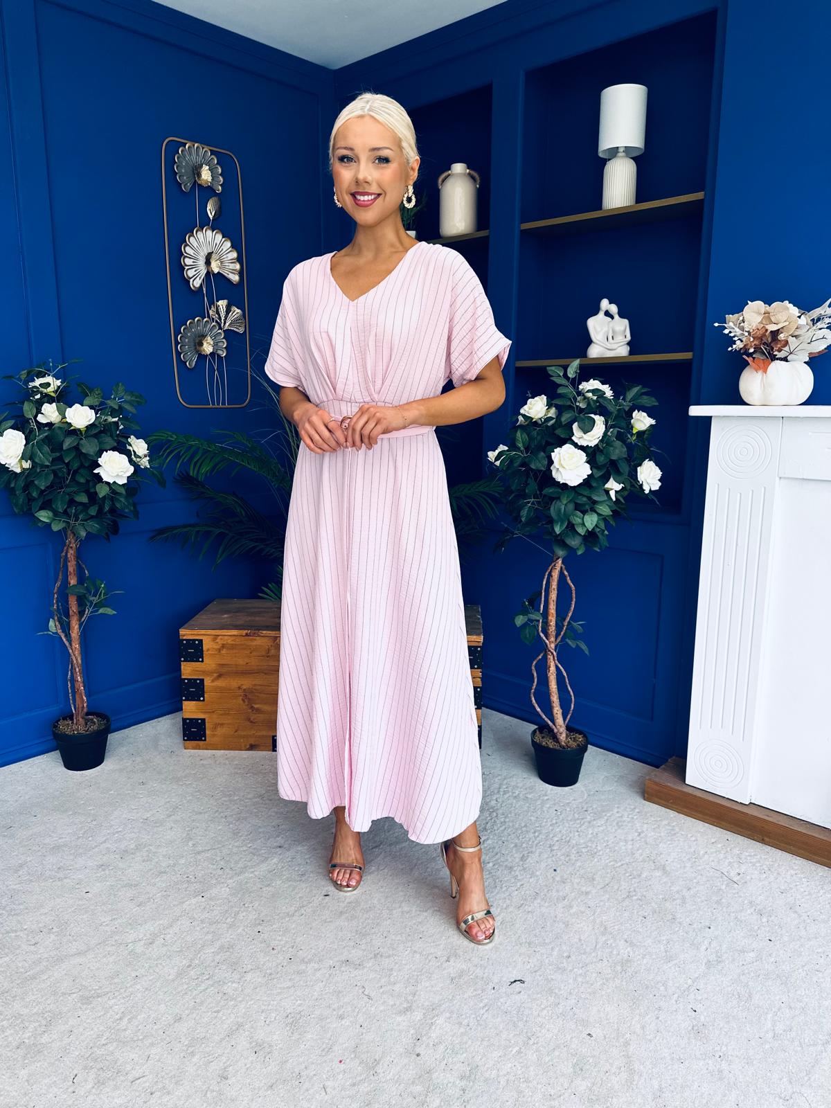 Nancy Belted Pinstripe Midi Dress Pink