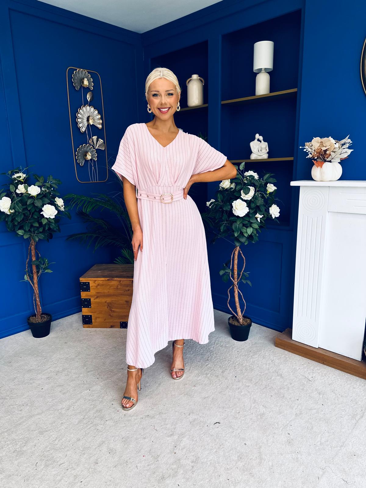 Nancy Belted Pinstripe Midi Dress Pink
