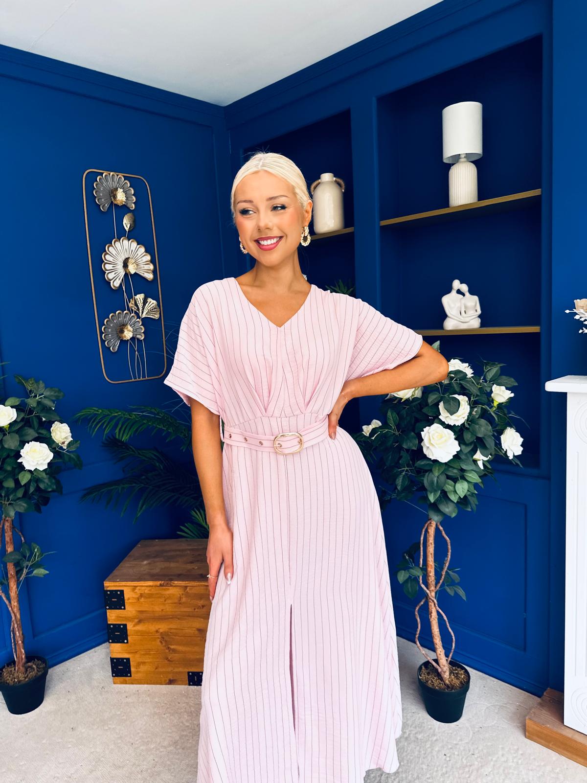 Nancy Belted Pinstripe Midi Dress Pink