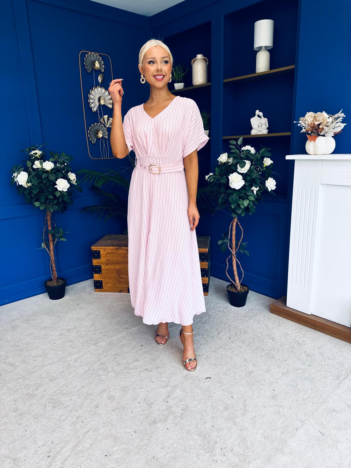 Nancy Belted Pinstripe Midi Dress Pink