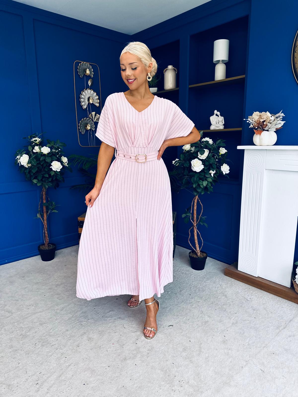 Nancy Belted Pinstripe Midi Dress Pink