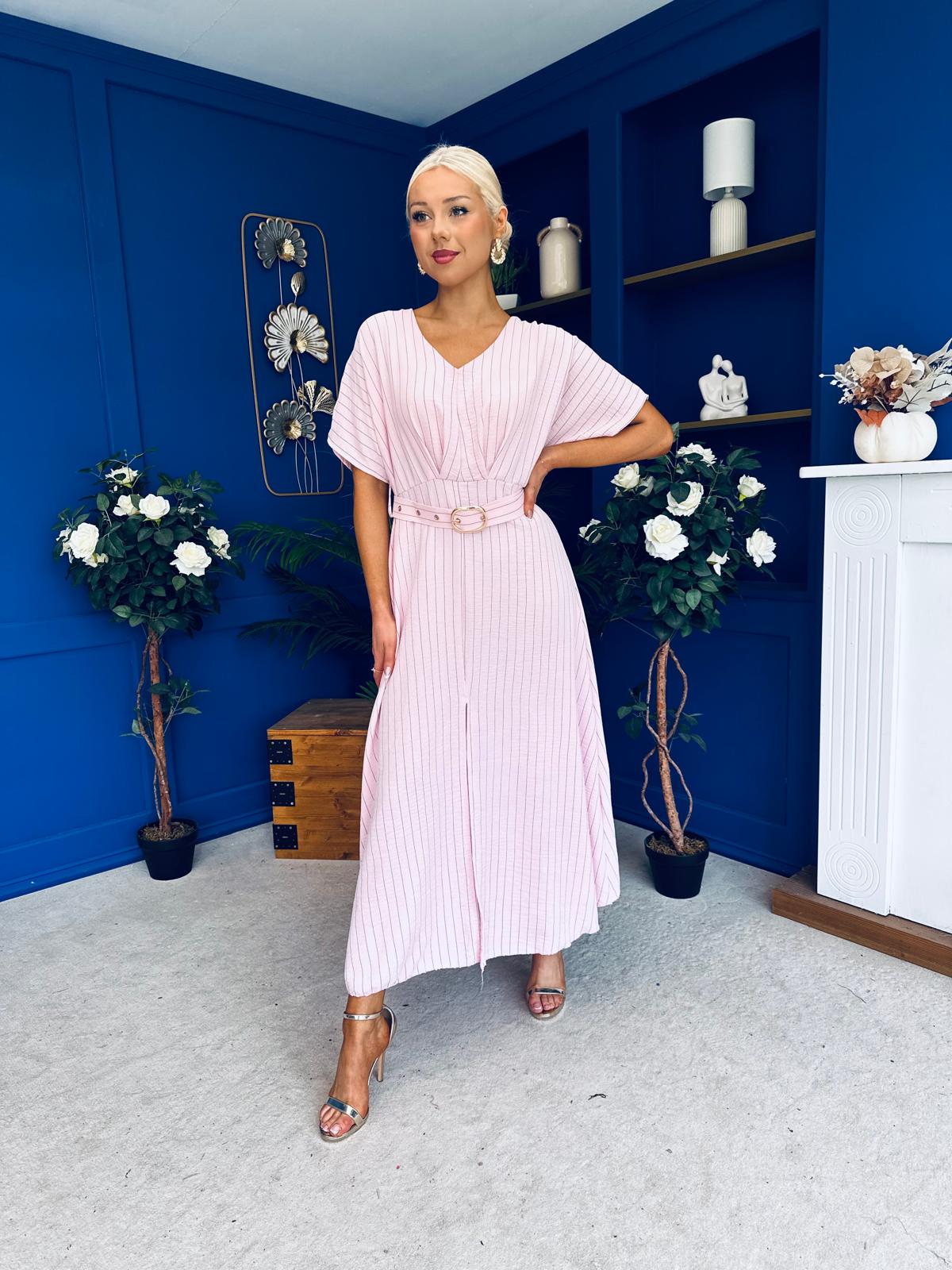 Nancy Belted Pinstripe Midi Dress Pink