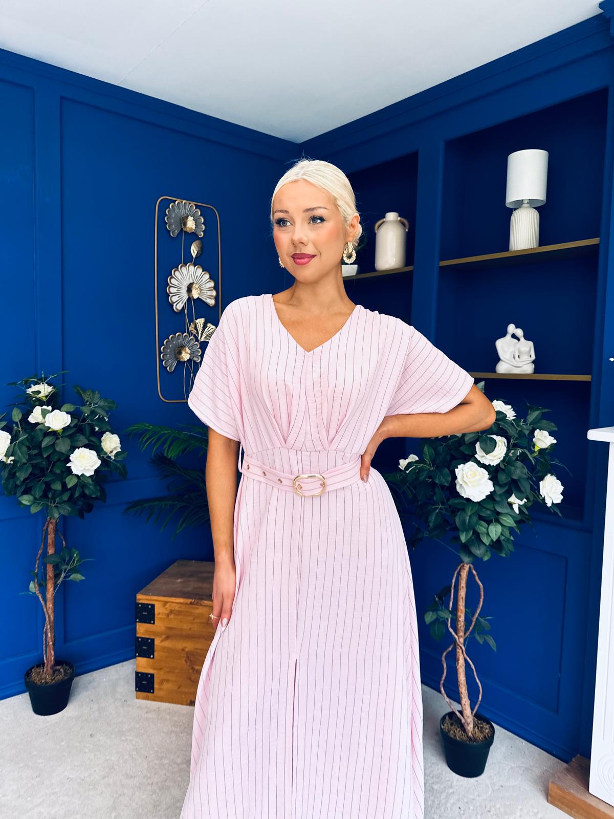 Nancy Belted Pinstripe Midi Dress Pink