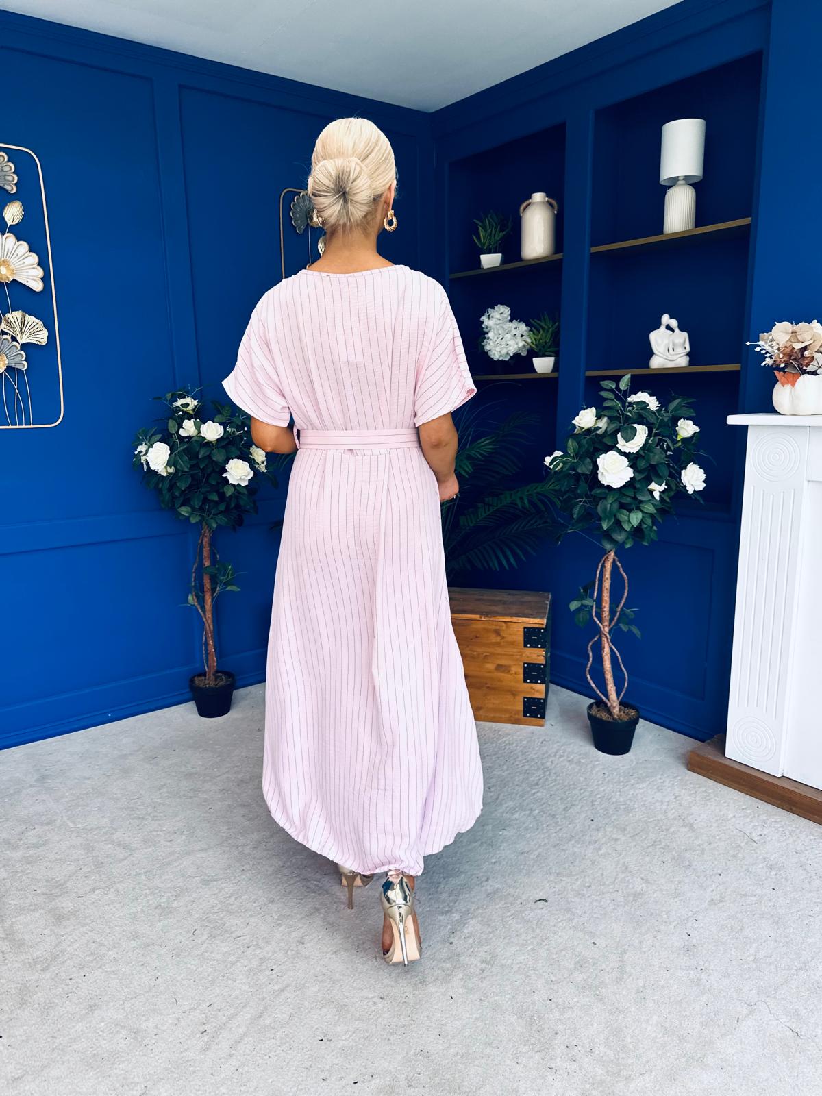 Nancy Belted Pinstripe Midi Dress Pink