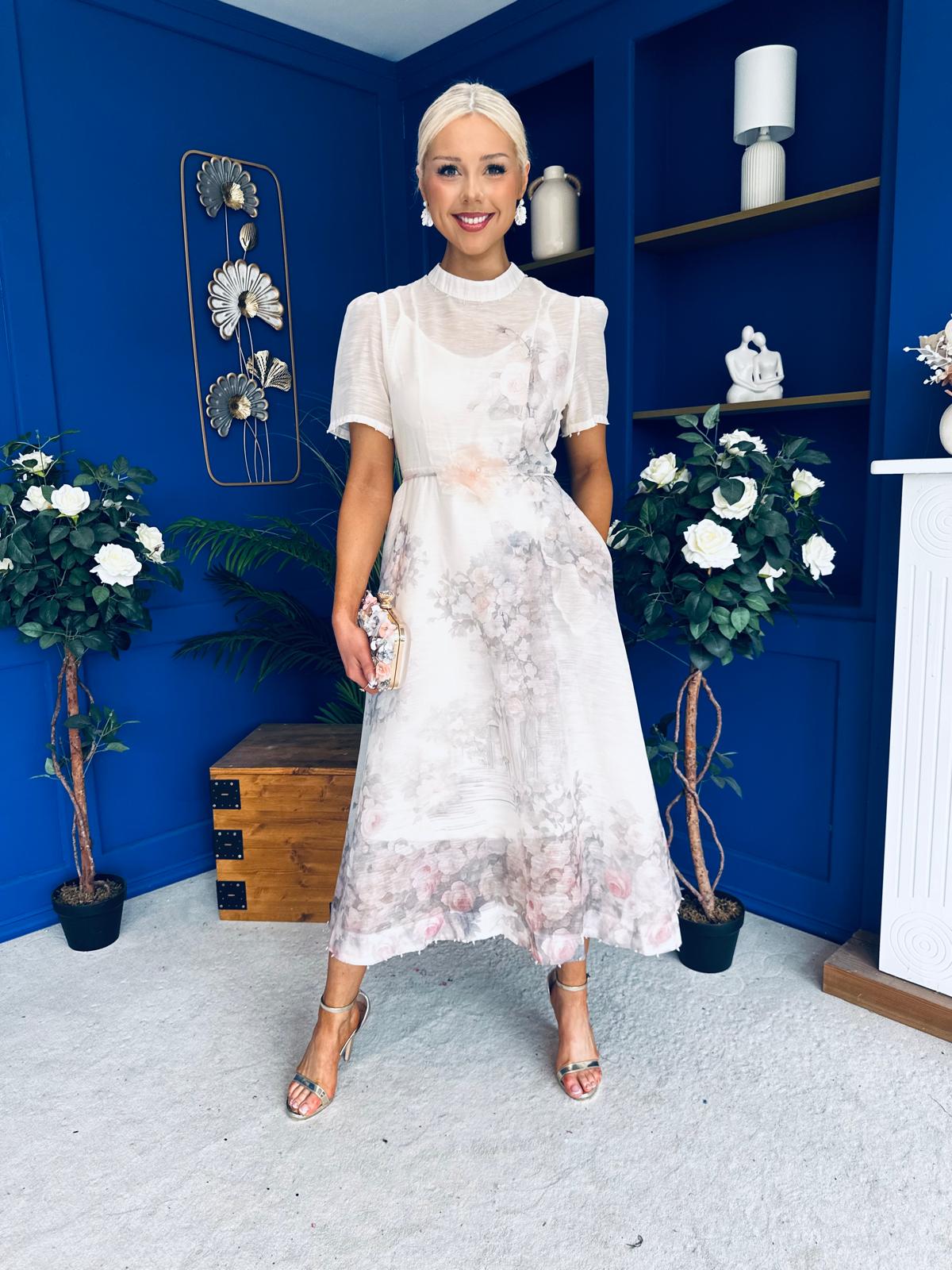 Niky High Neck Occasion Dress Floral Cream