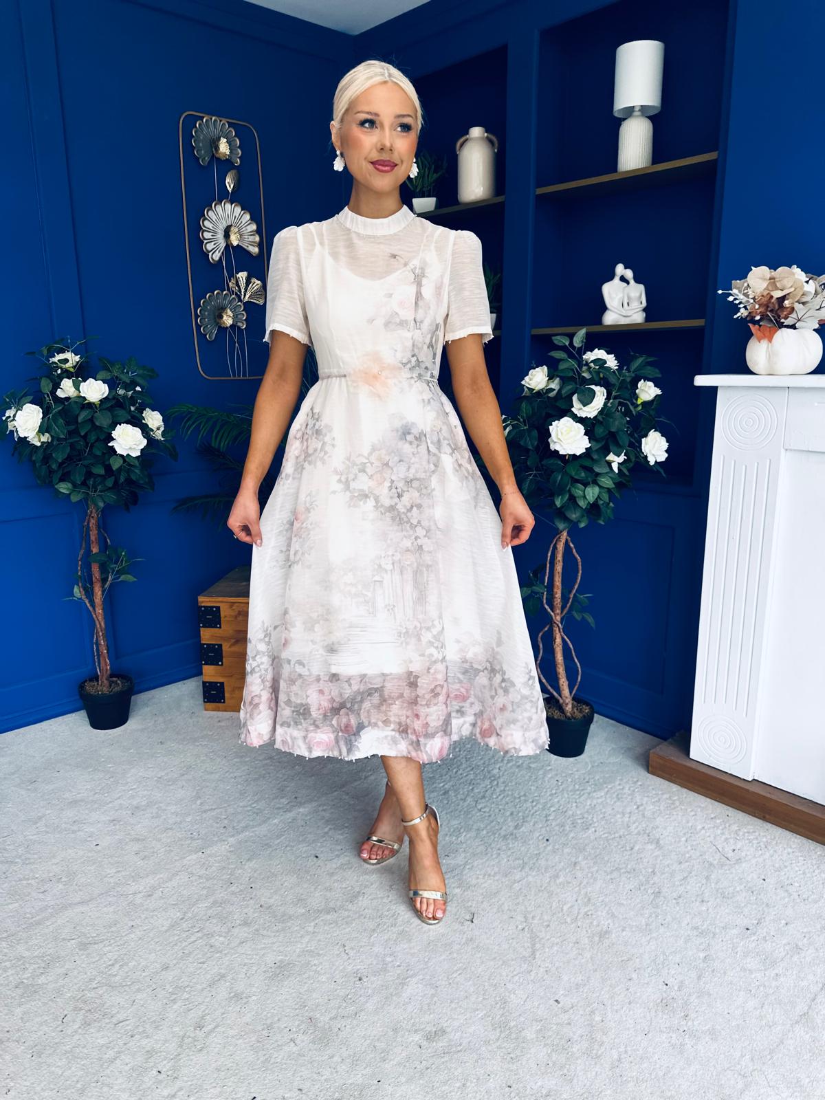 Niky High Neck Occasion Dress Floral Cream