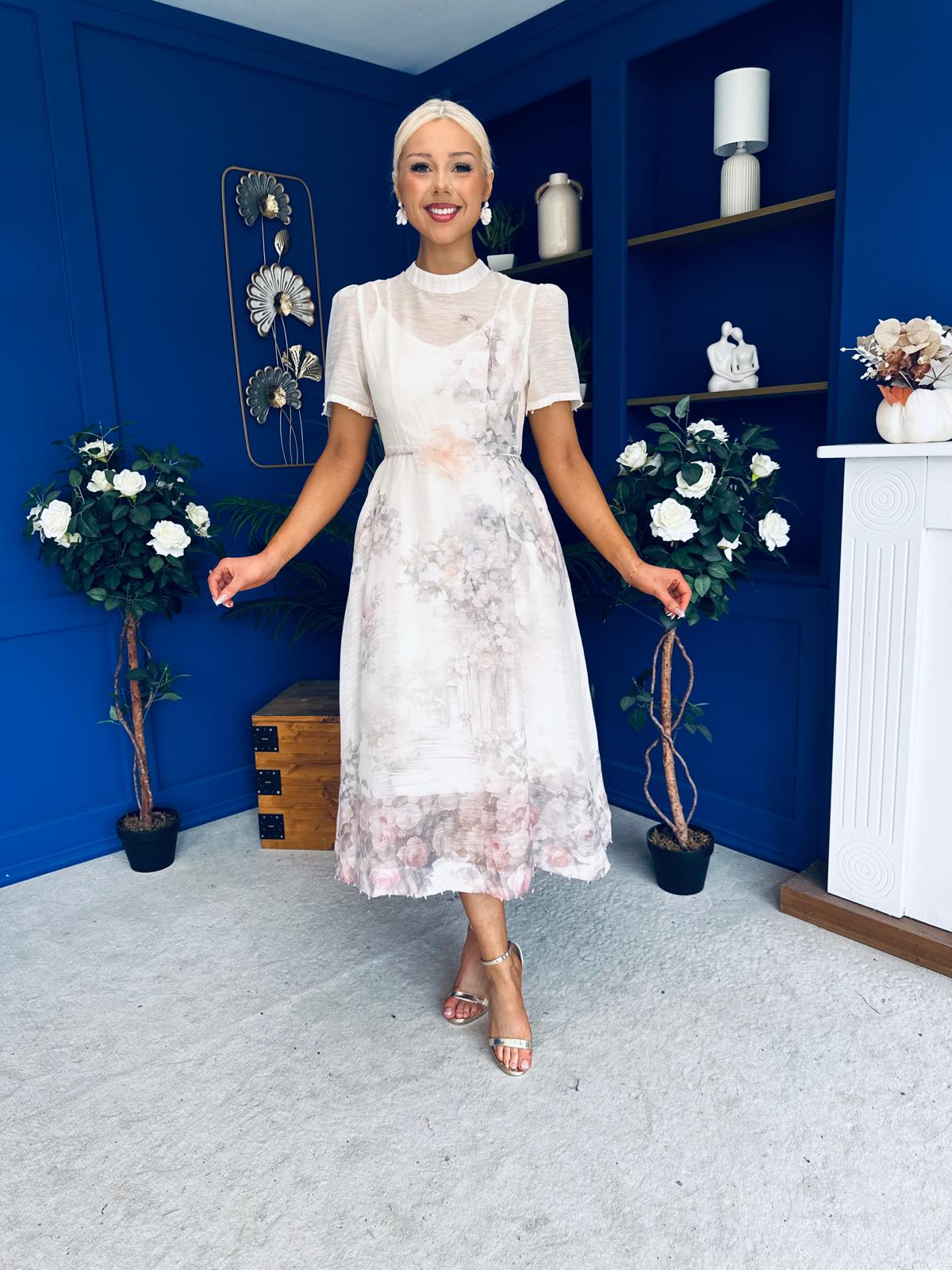 Niky High Neck Occasion Dress Floral Cream