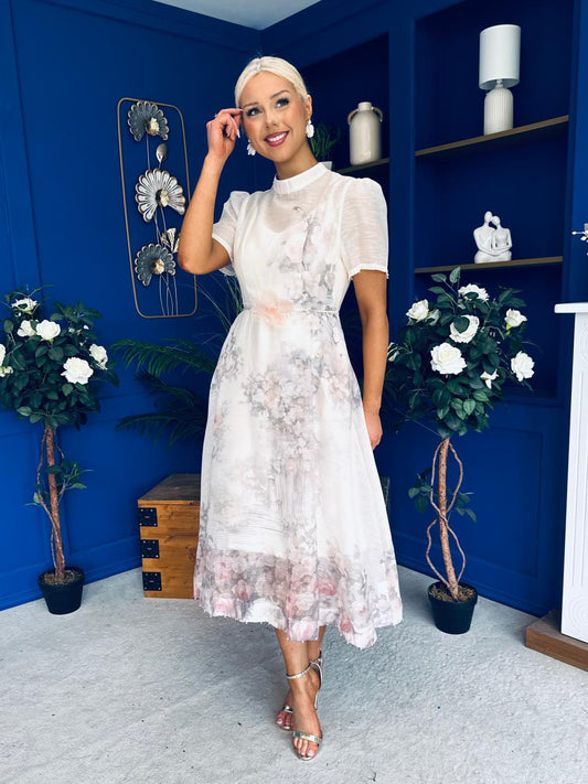 Niky High Neck Occasion Dress Floral Cream