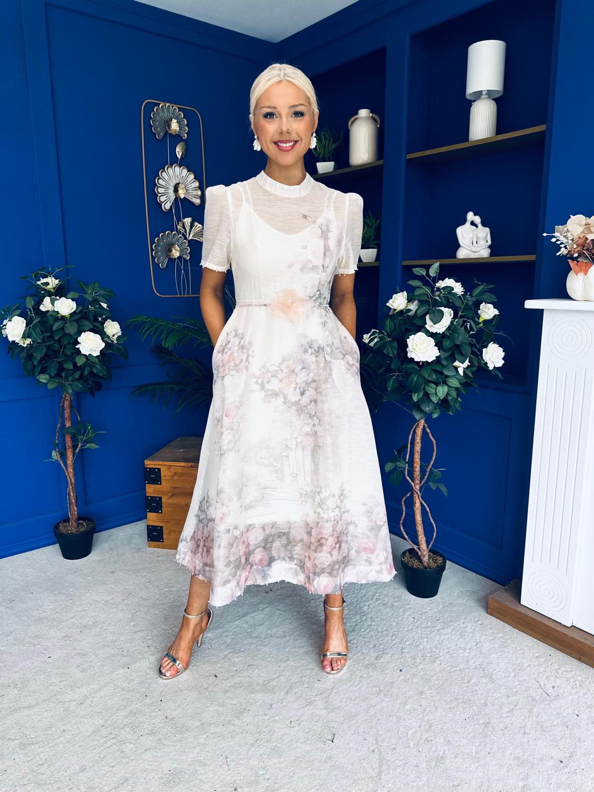 Niky High Neck Occasion Dress Floral Cream