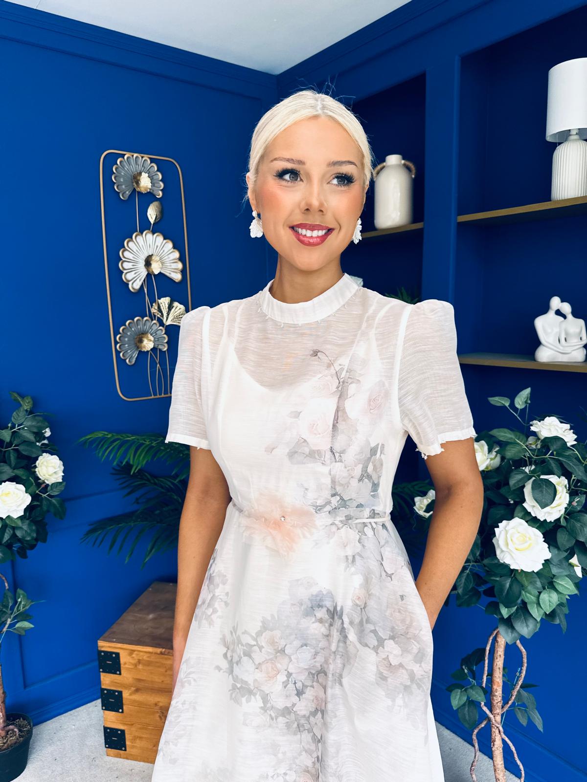 Niky High Neck Occasion Dress Floral Cream