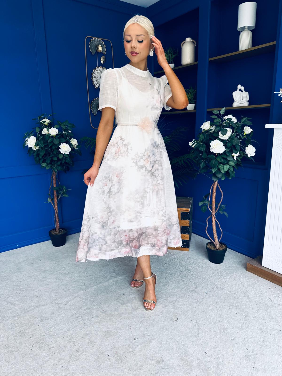 Niky High Neck Occasion Dress Floral Cream