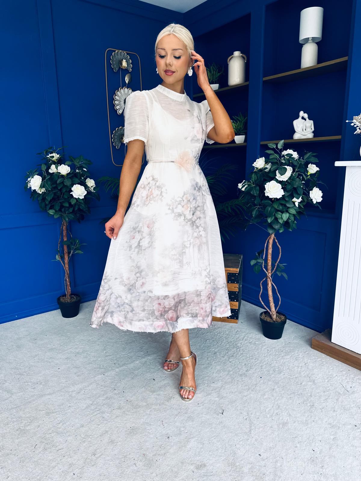 Niky High Neck Occasion Dress Floral Cream