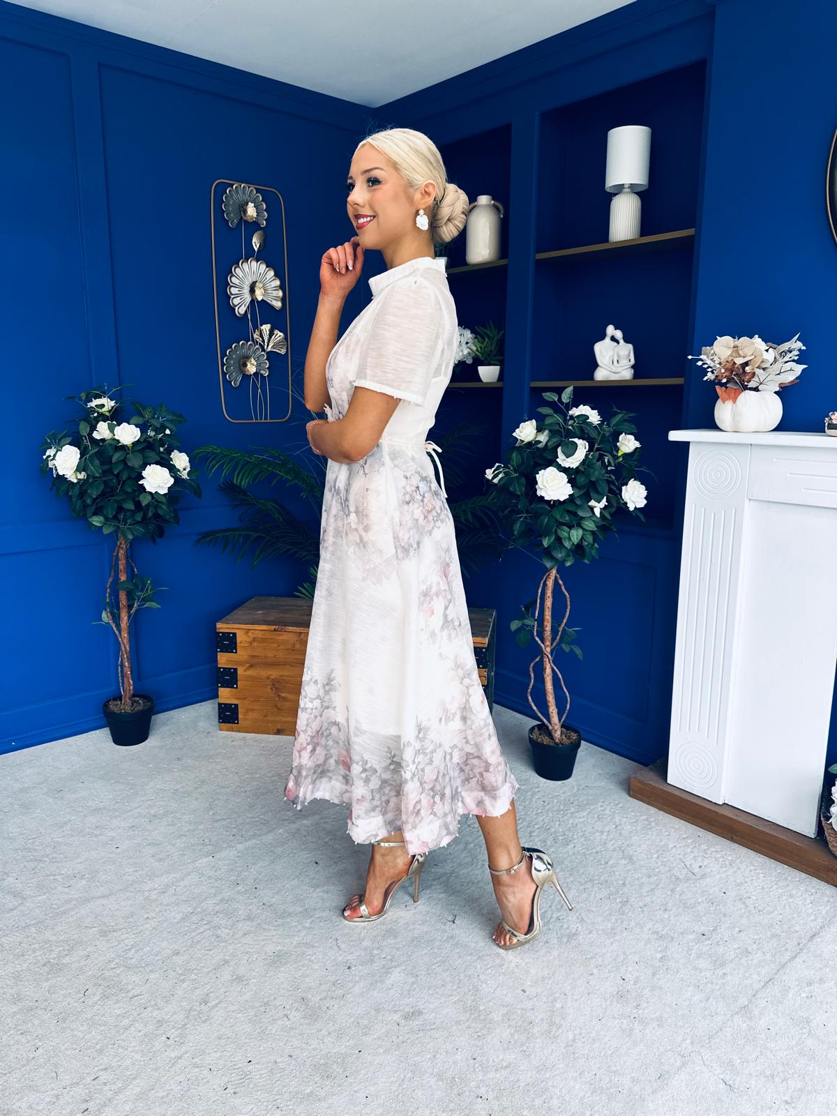 Niky High Neck Occasion Dress Floral Cream
