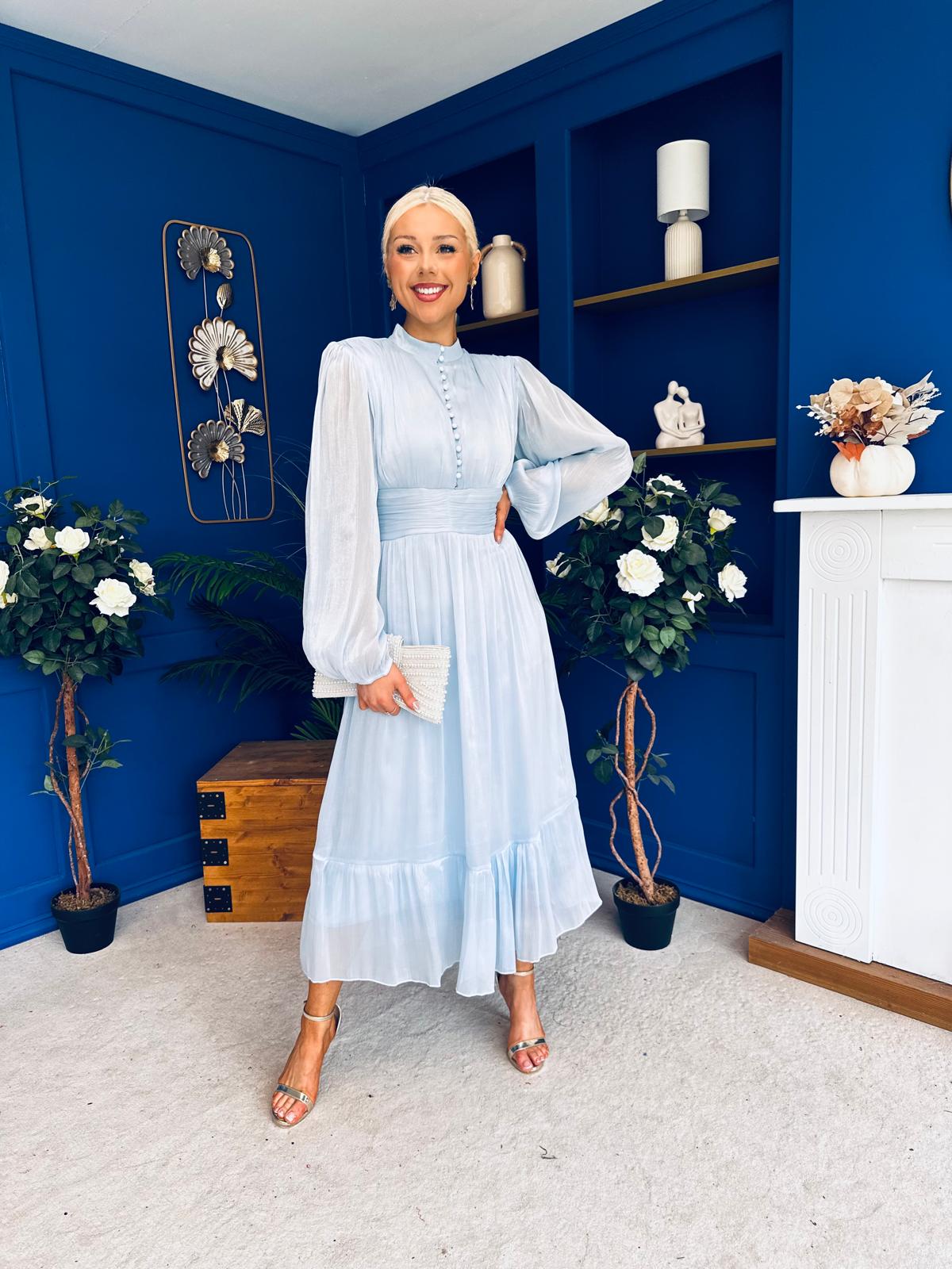 Jacqueline Gathered Satin Occasion Dress Baby Blue