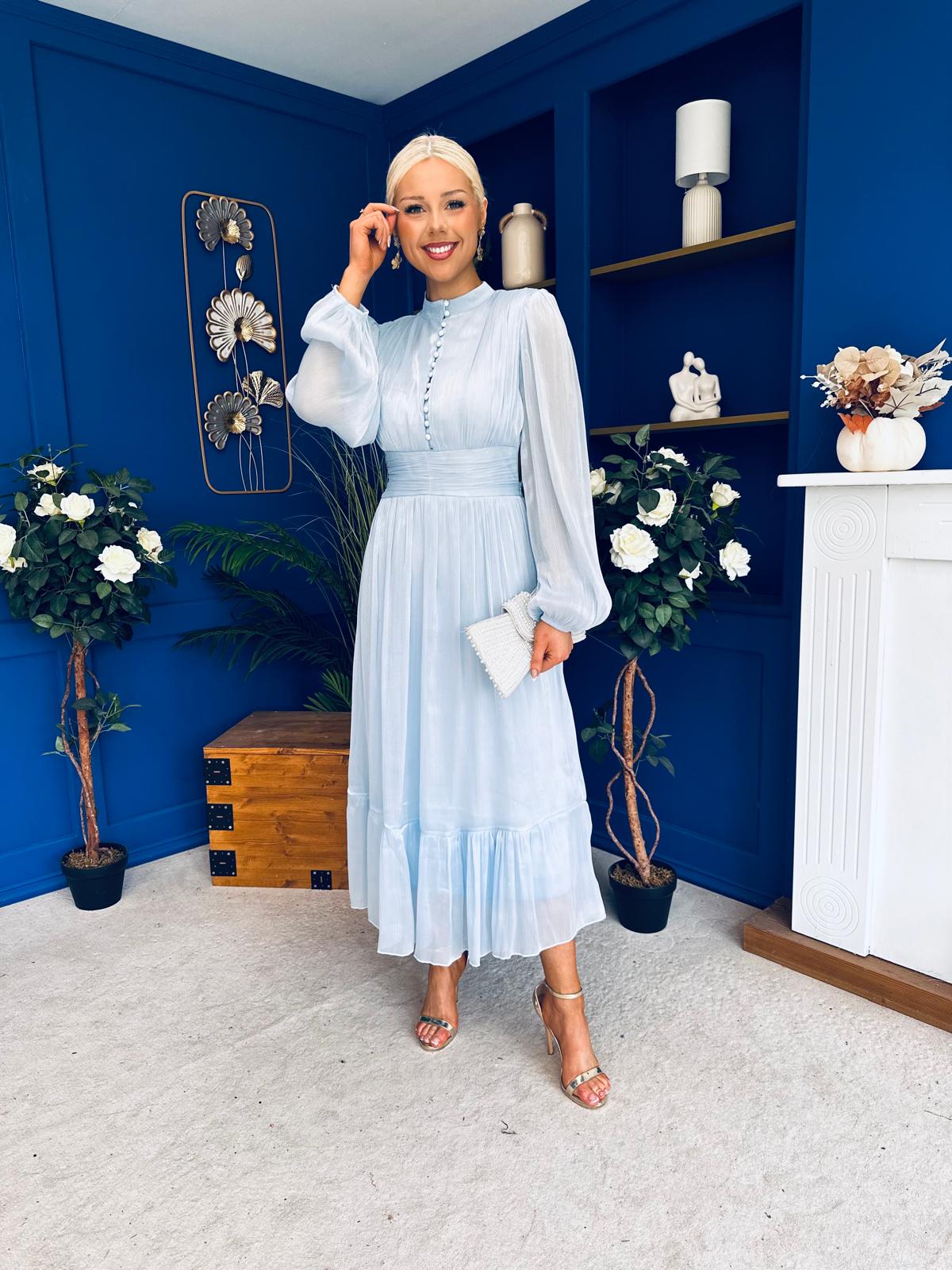 Jacqueline Gathered Satin Occasion Dress Baby Blue