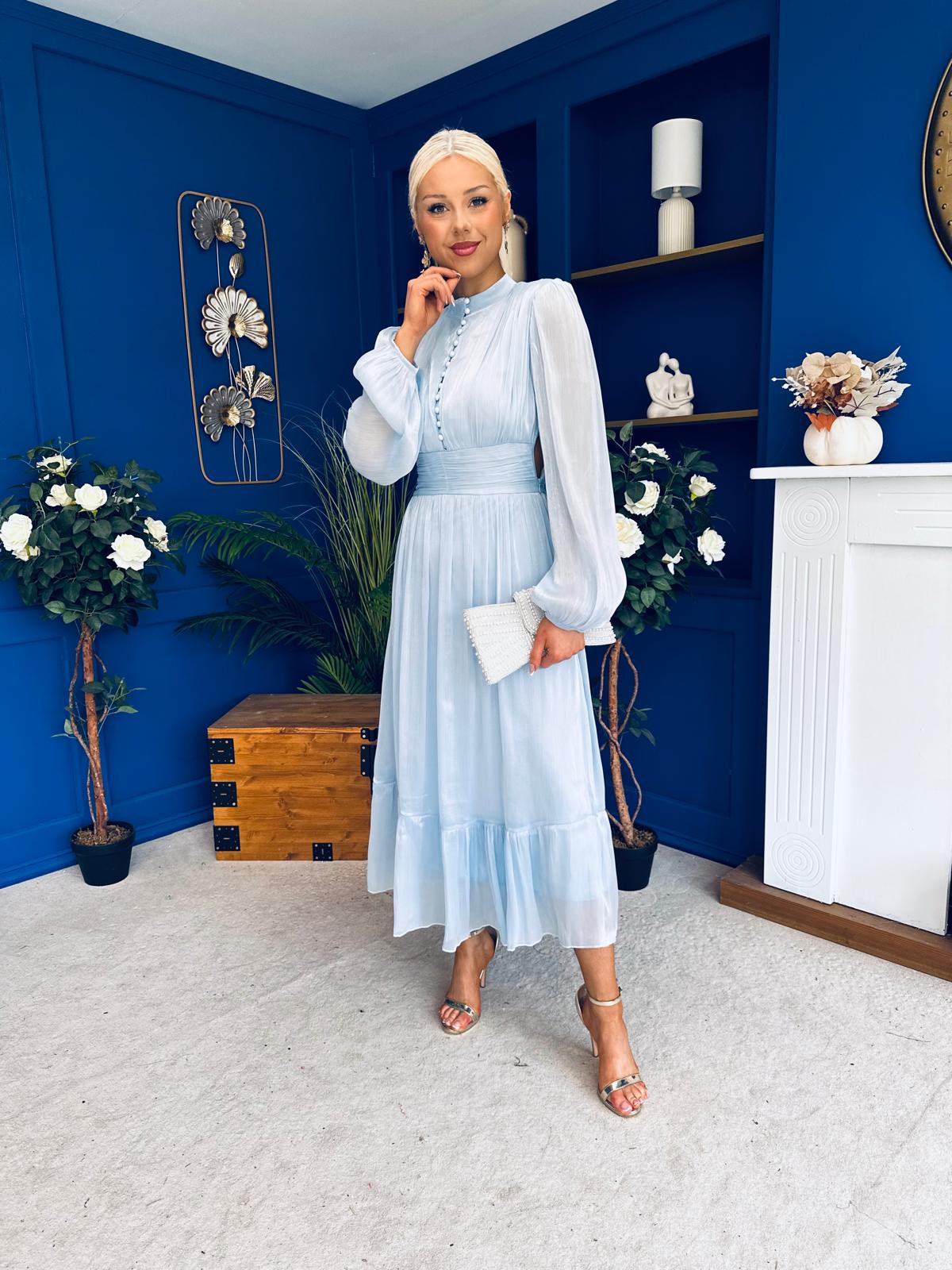 Jacqueline Gathered Satin Occasion Dress Baby Blue