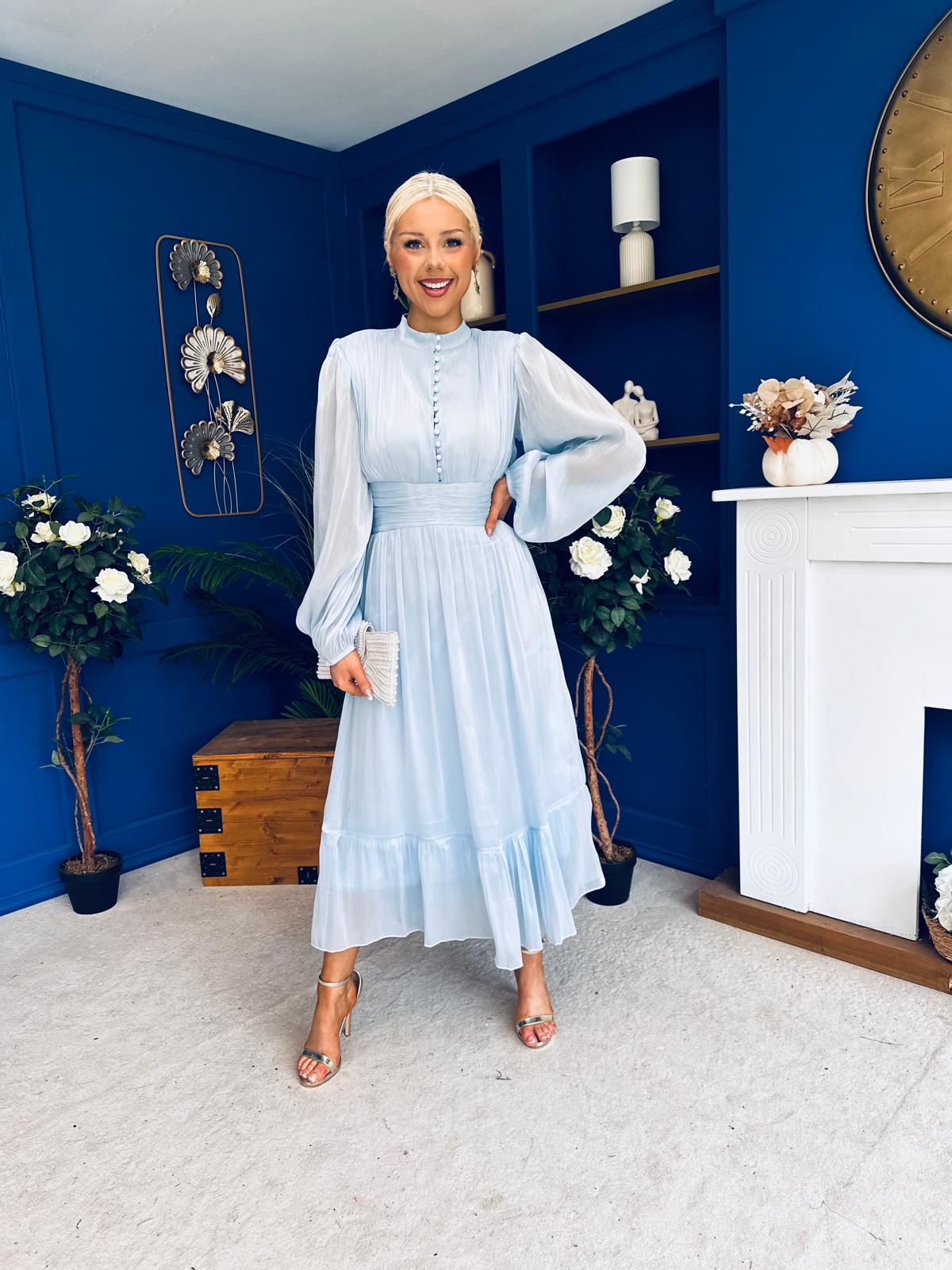 Jacqueline Gathered Satin Occasion Dress Baby Blue