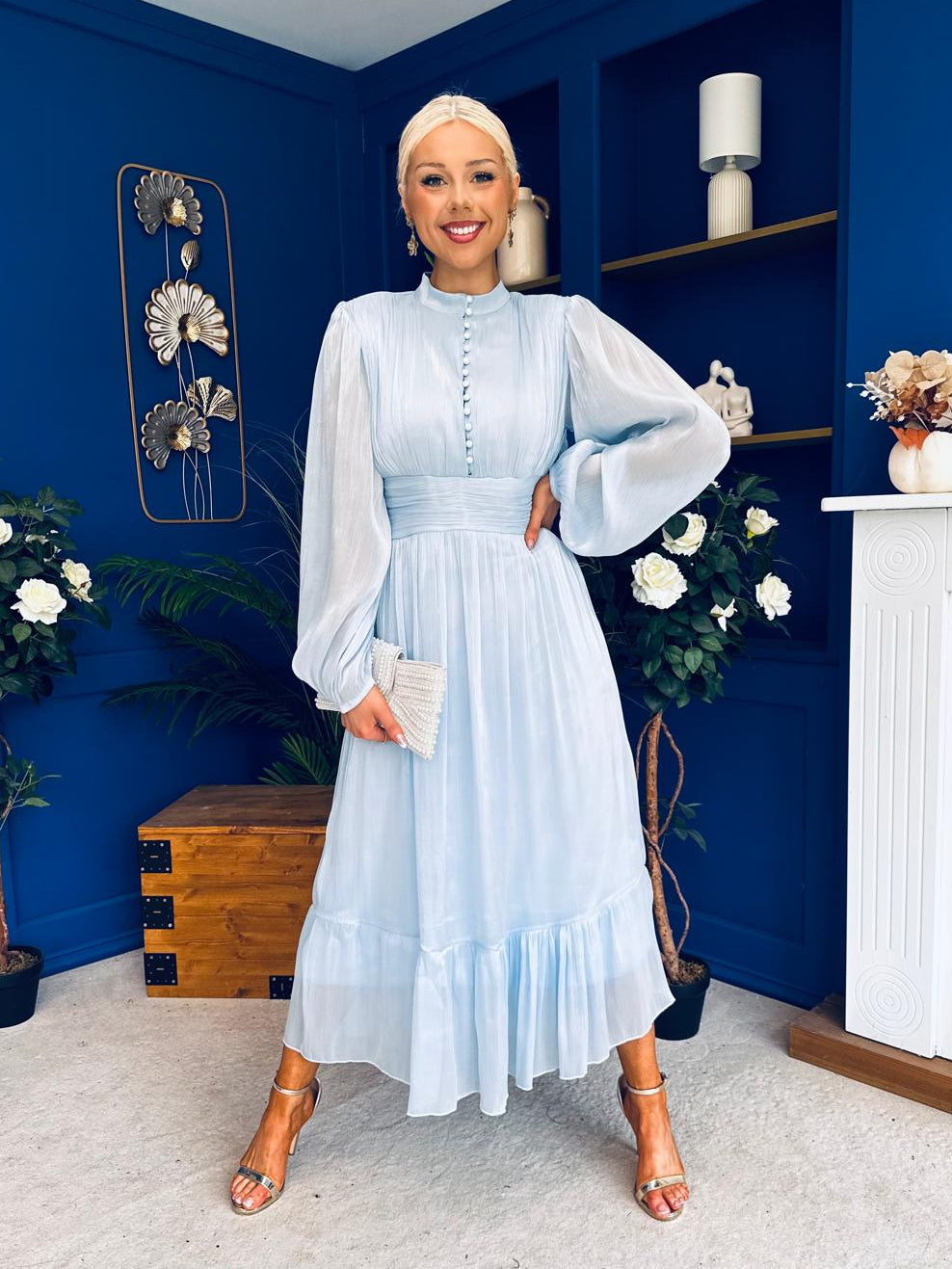 Jacqueline Gathered Satin Occasion Dress Baby Blue