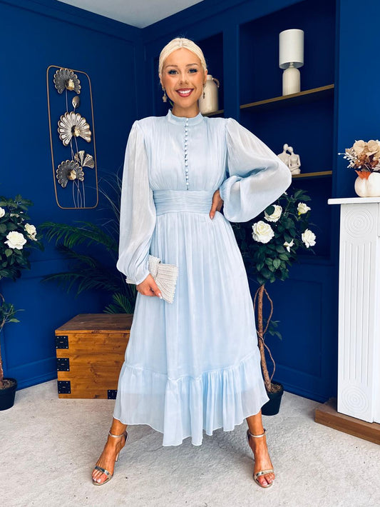 Jacqueline Gathered Satin Occasion Dress Baby Blue