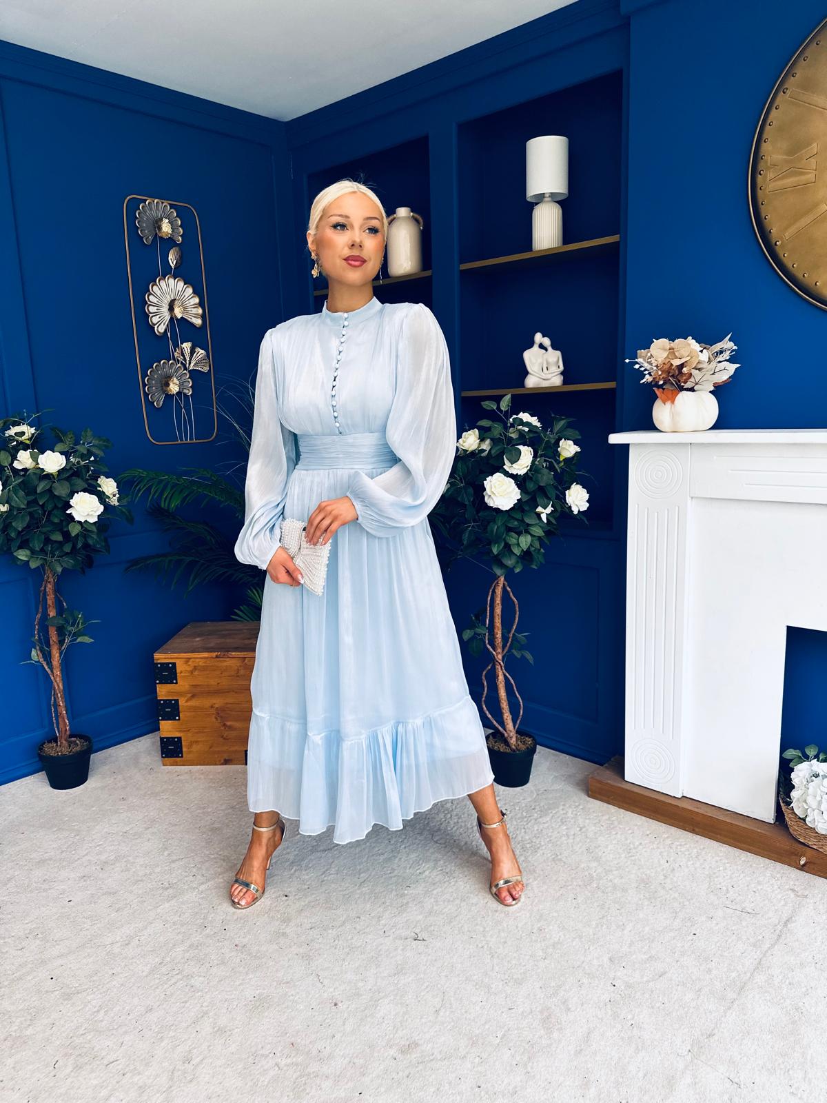 Jacqueline Gathered Satin Occasion Dress Baby Blue