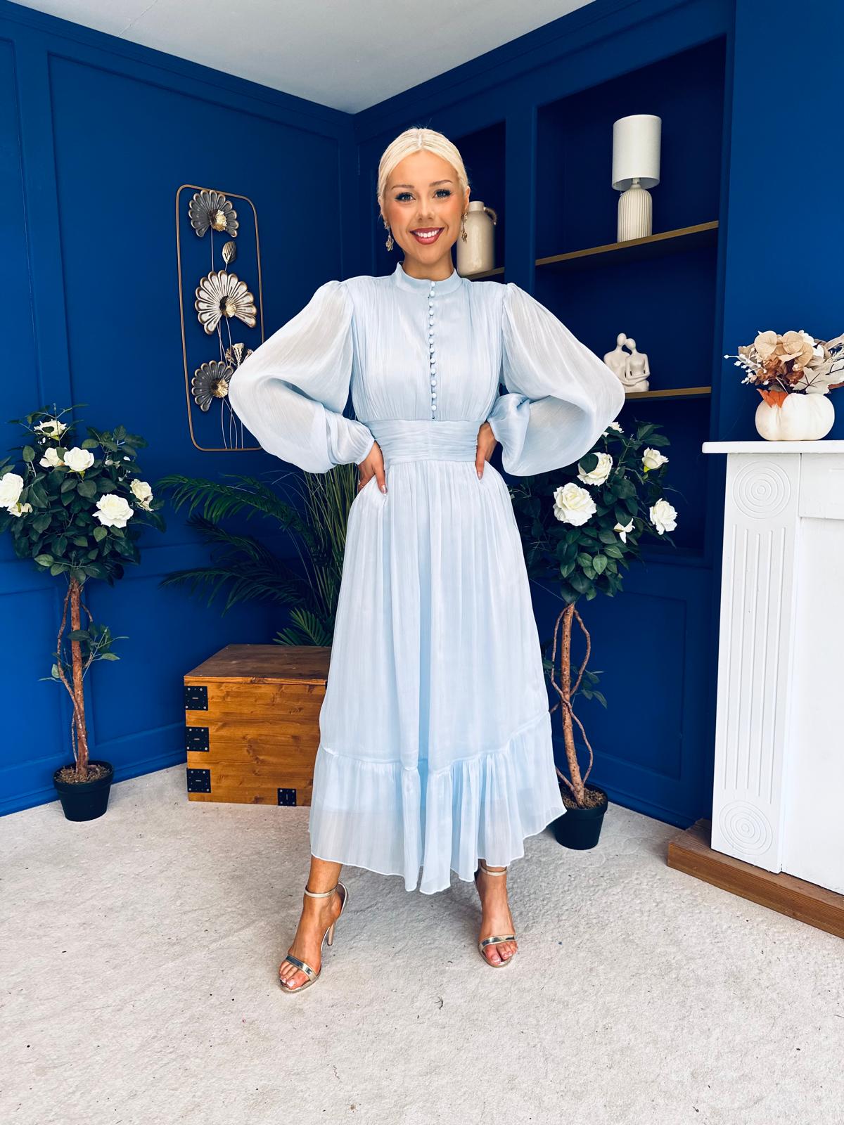 Jacqueline Gathered Satin Occasion Dress Baby Blue