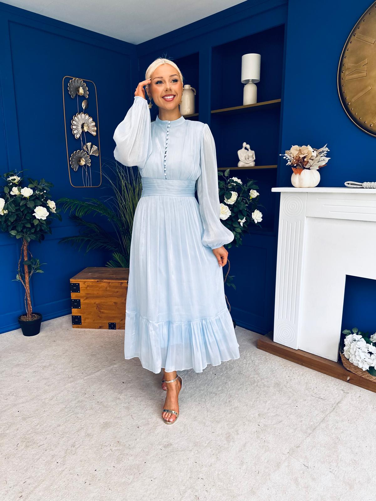 Jacqueline Gathered Satin Occasion Dress Baby Blue