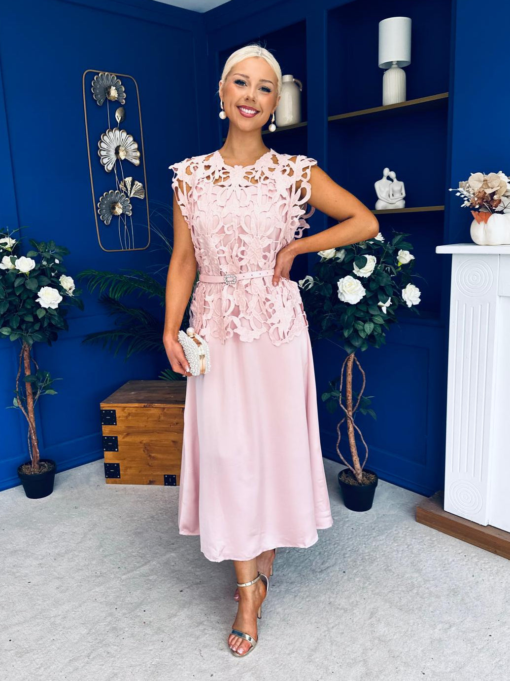 Ruth Crochet Top & Satin Dress Set Pink