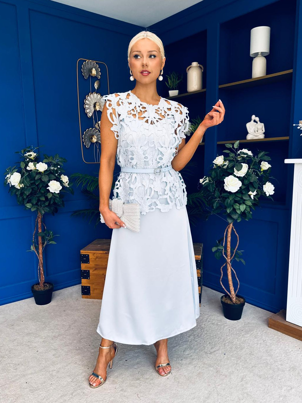 Ruth Crochet Top & Satin Dress Set Blue