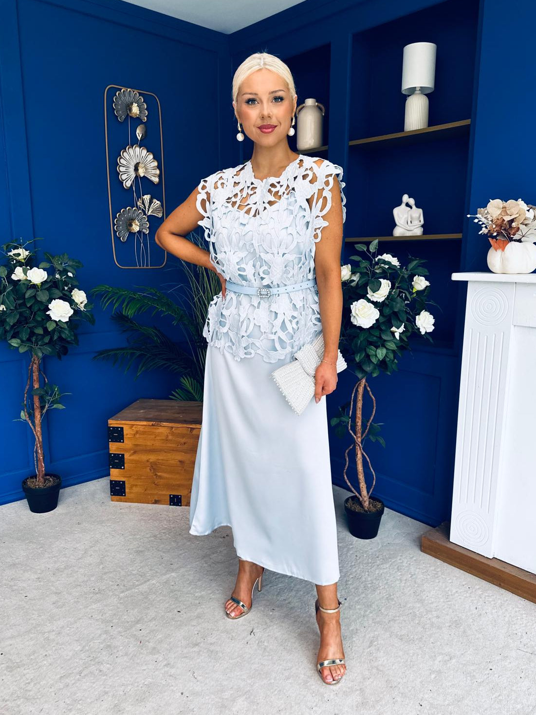 Ruth Crochet Top & Satin Dress Set Blue