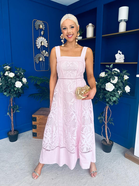 Maeve Crochet Detail Occasion Midi Dress Pink Pre Order 29 Apr