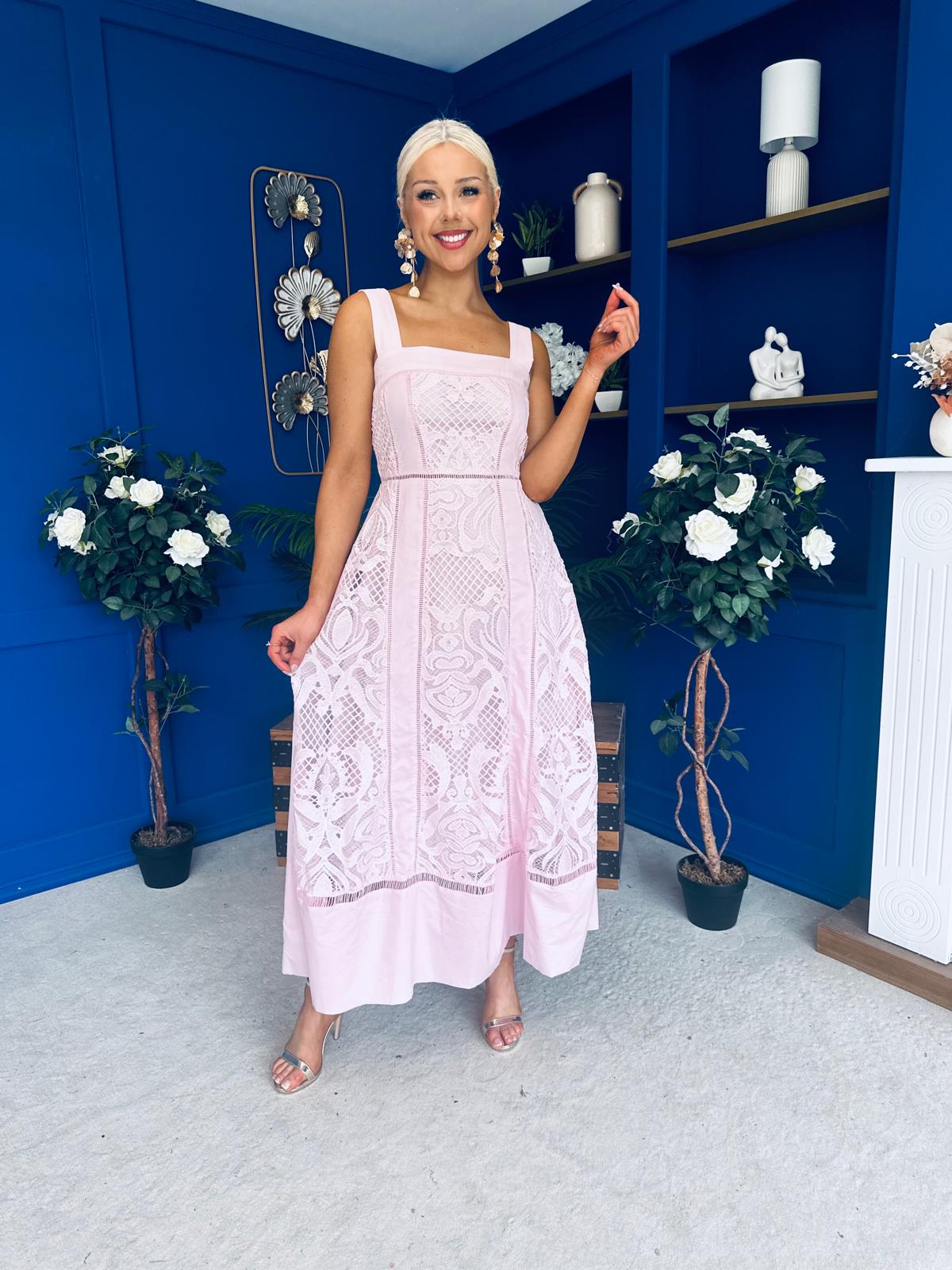 Maeve Crochet Detail Occasion Midi Dress Pink