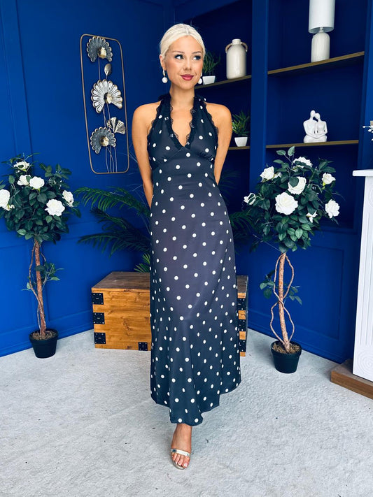 Georgie Lace Trim Halterneck Dress Polka Black