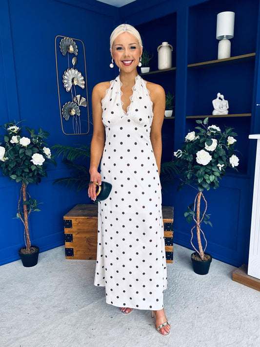 Georgie Lace Trim Halterneck Dress Polka Cream